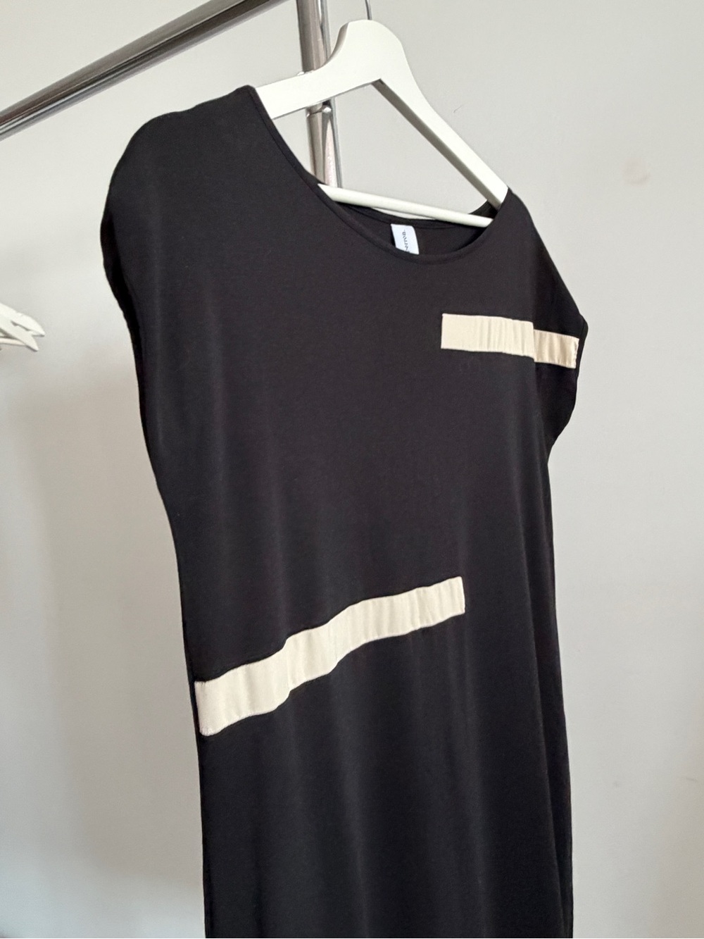 Minimalist Black Midi Dress with Cream Stripe Accents